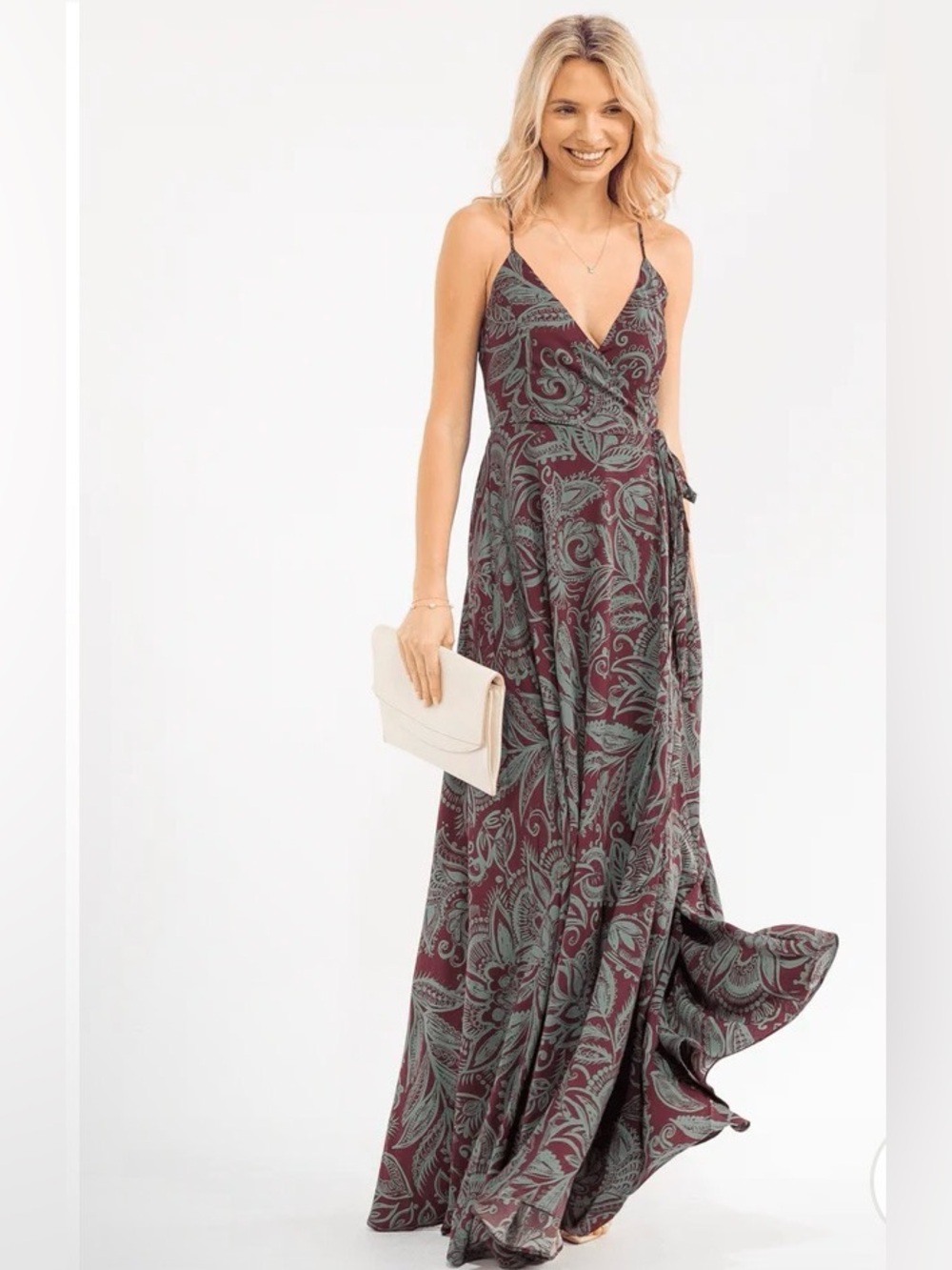 0273. 🩷 Spaghetti Strap Wrap Maxi Dress in Burgundy Paisley